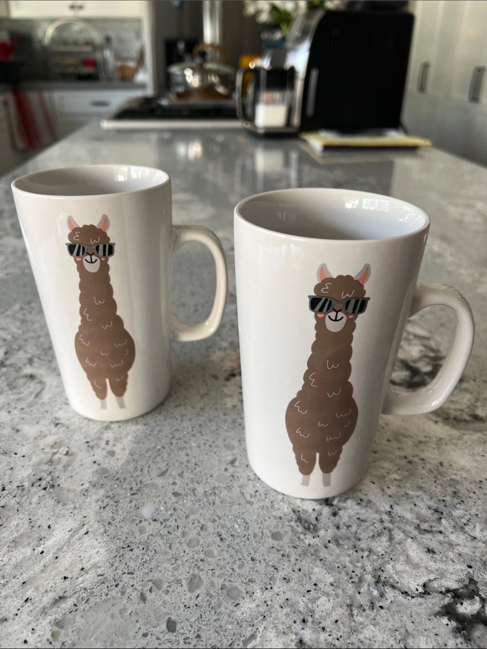 White Ceramic Mugs (2) with Brown Llama Illustration - Fun Coffee Cup